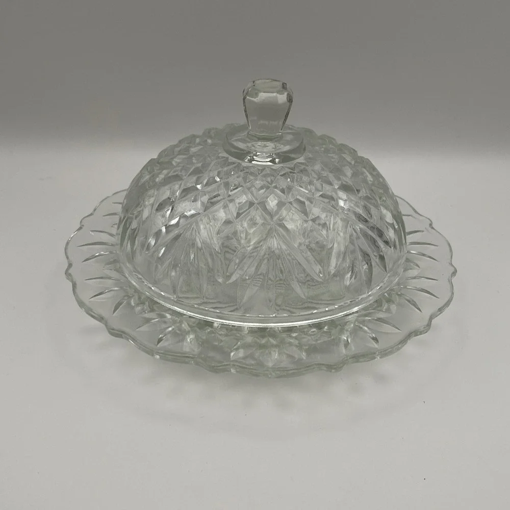 Vintage Anchor Hocking Clear Prescut Glass Butter Dish Dome Cover Plate Embossed